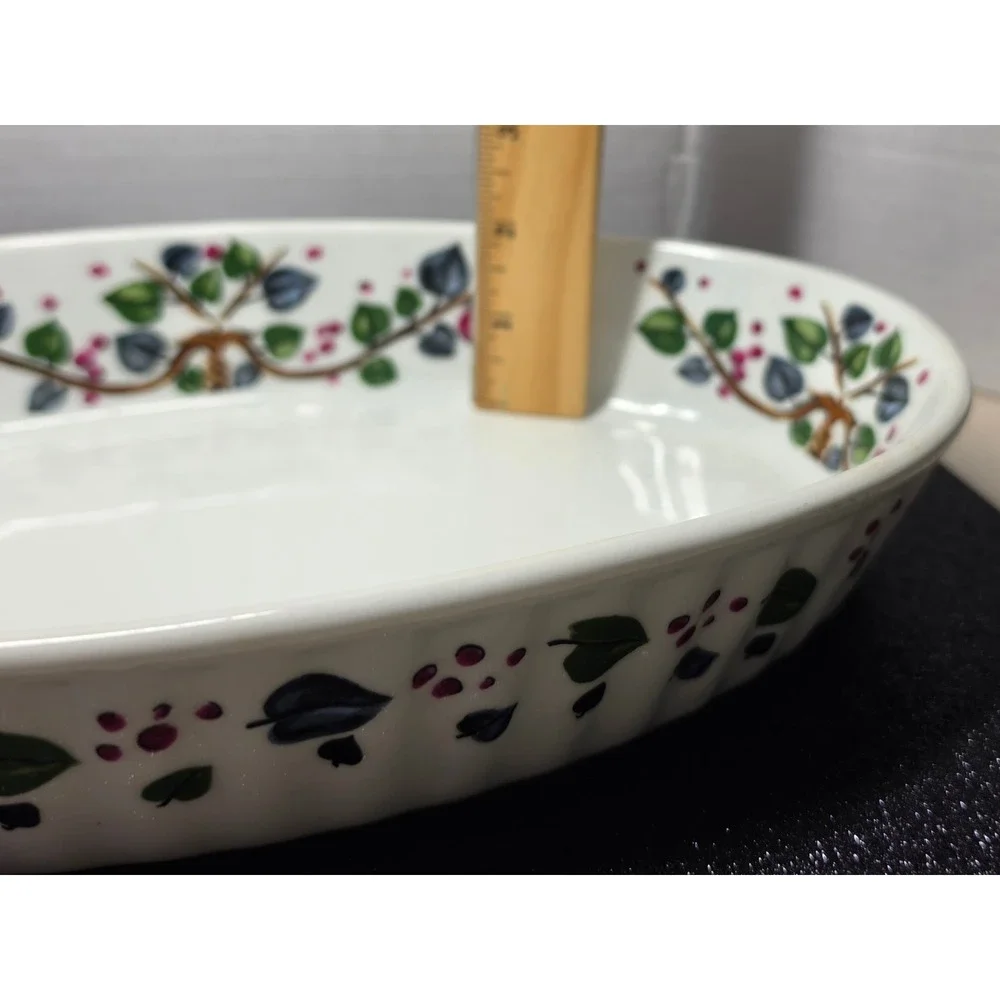 Vintage Oval Ceramic Baking Dish‎ Fruit Vine Pomegranate White 12 Inch Casserole